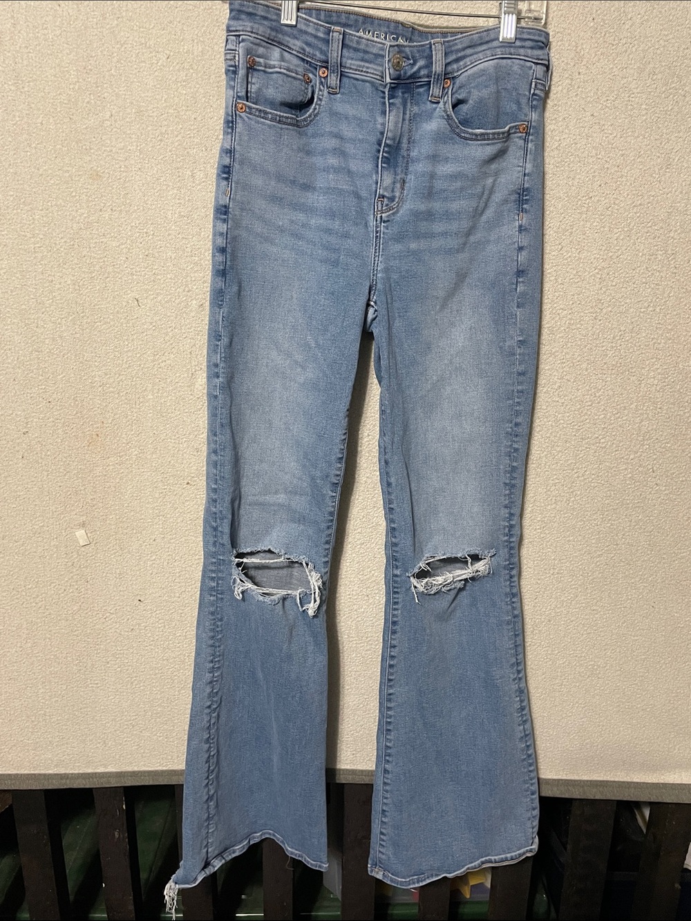 American Eagle Outfitters Light Blue Distressed Flare Jeans with Knee Rips